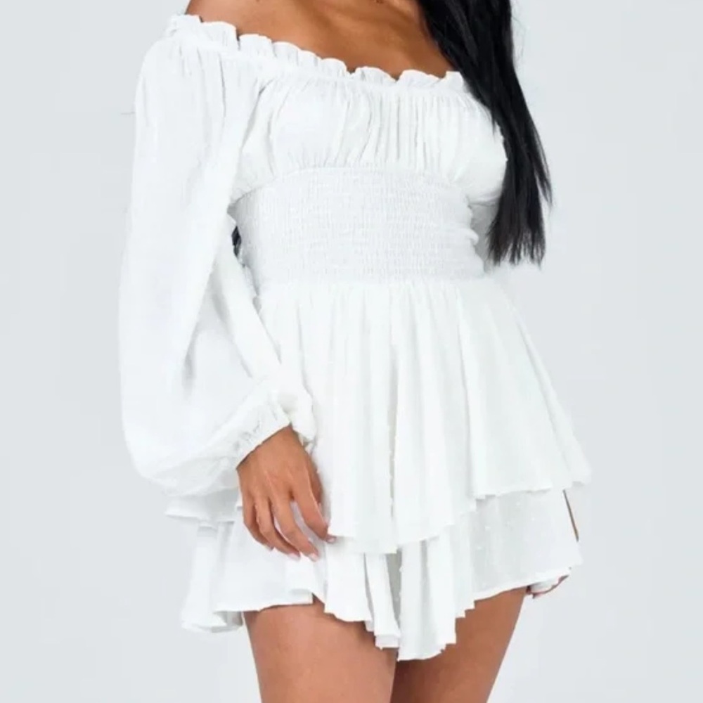 Princess Polly Love Galore White Romper | Off-Shoulder Ruffle Long Sleeve |